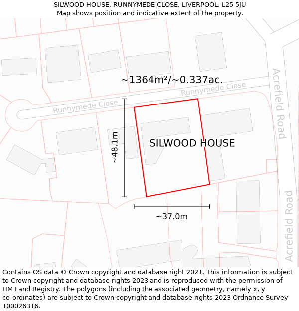 SILWOOD HOUSE, RUNNYMEDE CLOSE, LIVERPOOL, L25 5JU: Plot and title map