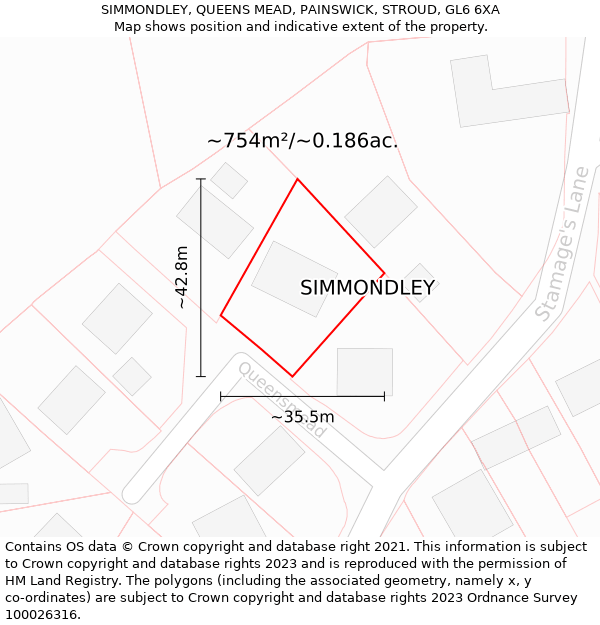 SIMMONDLEY, QUEENS MEAD, PAINSWICK, STROUD, GL6 6XA: Plot and title map