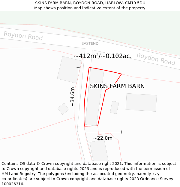 SKINS FARM BARN, ROYDON ROAD, HARLOW, CM19 5DU: Plot and title map