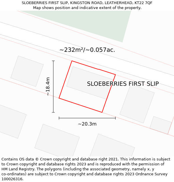 SLOEBERRIES FIRST SLIP, KINGSTON ROAD, LEATHERHEAD, KT22 7QF: Plot and title map