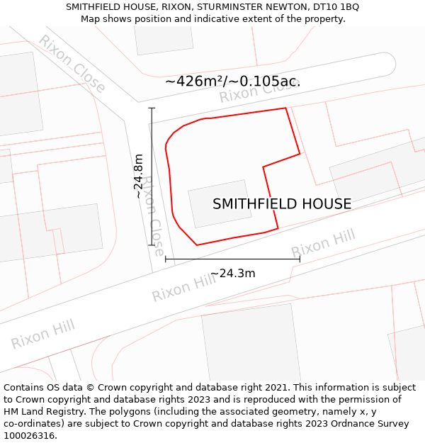 SMITHFIELD HOUSE, RIXON, STURMINSTER NEWTON, DT10 1BQ: Plot and title map
