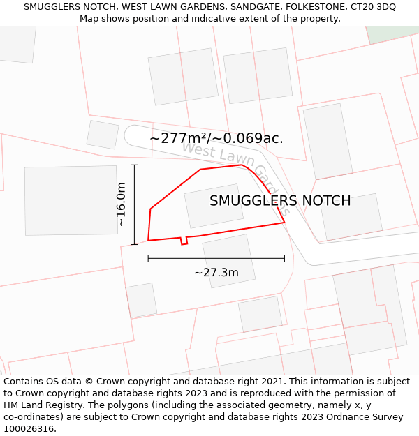 SMUGGLERS NOTCH, WEST LAWN GARDENS, SANDGATE, FOLKESTONE, CT20 3DQ: Plot and title map