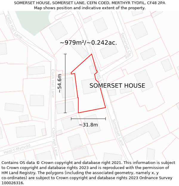 SOMERSET HOUSE, SOMERSET LANE, CEFN COED, MERTHYR TYDFIL, CF48 2PA: Plot and title map