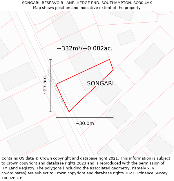 SONGARI, RESERVOIR LANE, HEDGE END, SOUTHAMPTON, SO30 4AX: Plot and title map