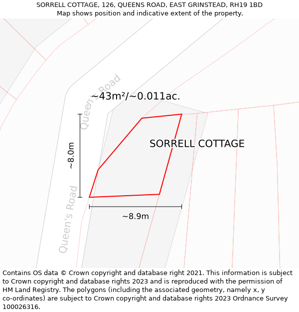 SORRELL COTTAGE, 126, QUEENS ROAD, EAST GRINSTEAD, RH19 1BD: Plot and title map