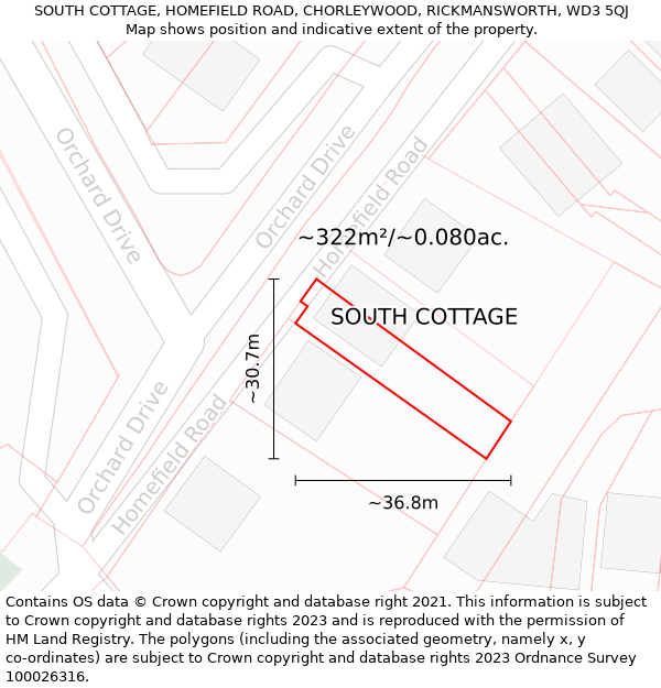 SOUTH COTTAGE, HOMEFIELD ROAD, CHORLEYWOOD, RICKMANSWORTH, WD3 5QJ: Plot and title map