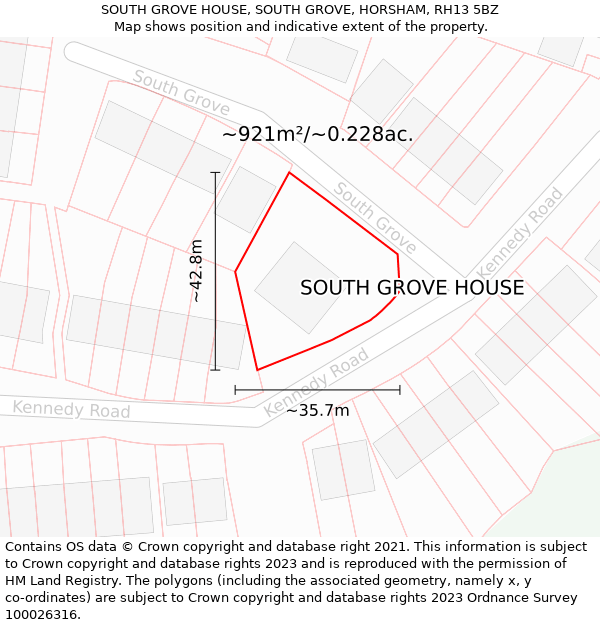 SOUTH GROVE HOUSE, SOUTH GROVE, HORSHAM, RH13 5BZ: Plot and title map