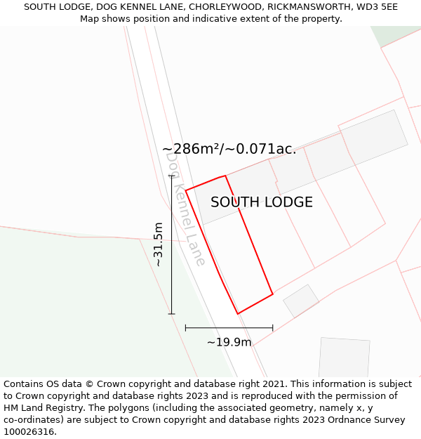 SOUTH LODGE, DOG KENNEL LANE, CHORLEYWOOD, RICKMANSWORTH, WD3 5EE: Plot and title map