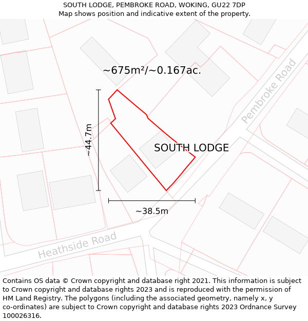 SOUTH LODGE, PEMBROKE ROAD, WOKING, GU22 7DP: Plot and title map