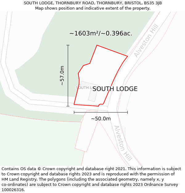 SOUTH LODGE, THORNBURY ROAD, THORNBURY, BRISTOL, BS35 3JB: Plot and title map