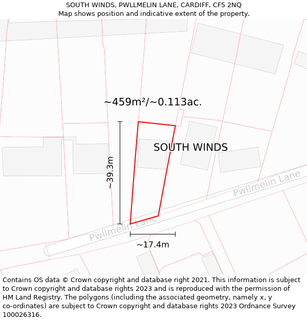 SOUTH WINDS, PWLLMELIN LANE, CARDIFF, CF5 2NQ: Plot and title map