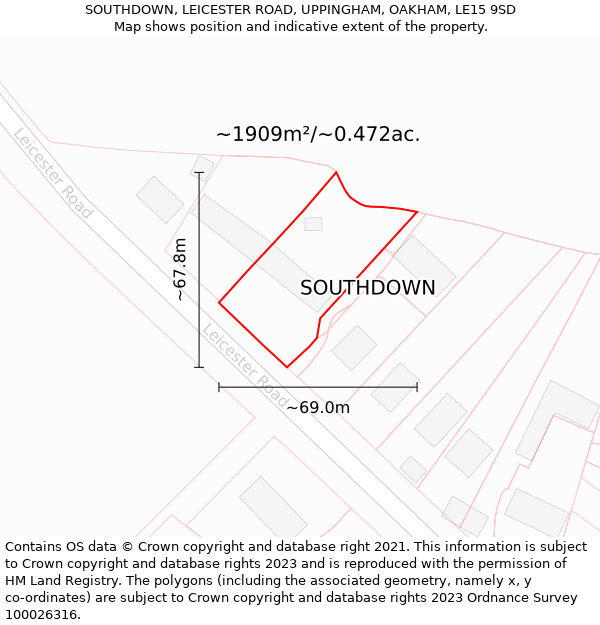 SOUTHDOWN, LEICESTER ROAD, UPPINGHAM, OAKHAM, LE15 9SD: Plot and title map