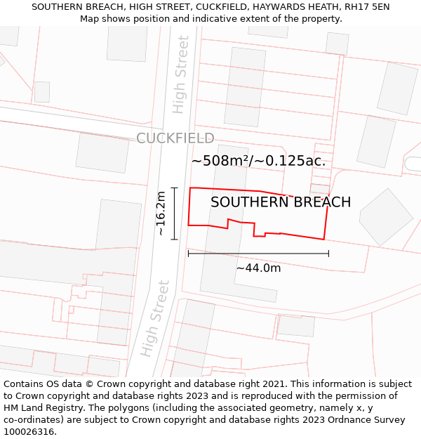 SOUTHERN BREACH, HIGH STREET, CUCKFIELD, HAYWARDS HEATH, RH17 5EN: Plot and title map