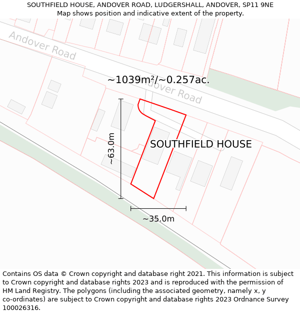 SOUTHFIELD HOUSE, ANDOVER ROAD, LUDGERSHALL, ANDOVER, SP11 9NE: Plot and title map