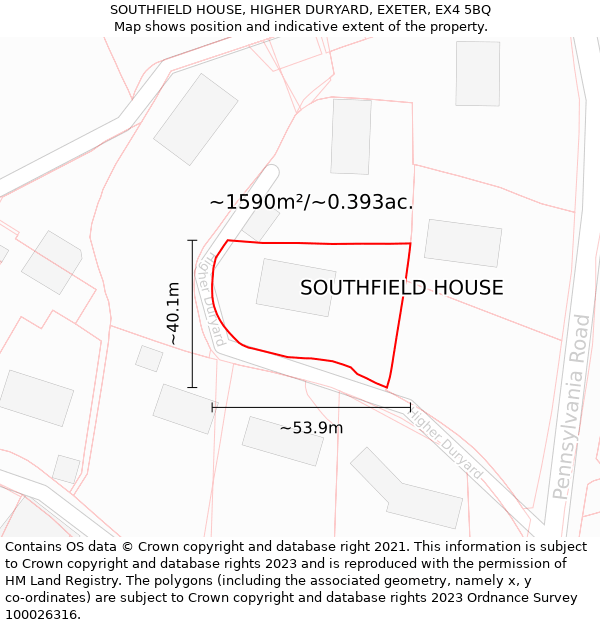 SOUTHFIELD HOUSE, HIGHER DURYARD, EXETER, EX4 5BQ: Plot and title map