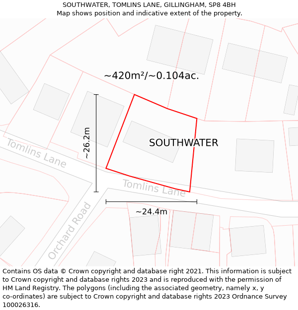 SOUTHWATER, TOMLINS LANE, GILLINGHAM, SP8 4BH: Plot and title map