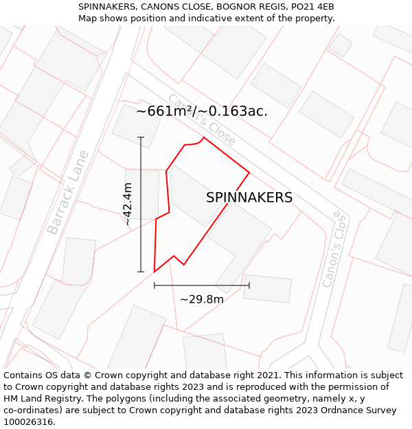 SPINNAKERS, CANONS CLOSE, BOGNOR REGIS, PO21 4EB: Plot and title map