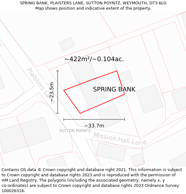 SPRING BANK, PLAISTERS LANE, SUTTON POYNTZ, WEYMOUTH, DT3 6LG: Plot and title map