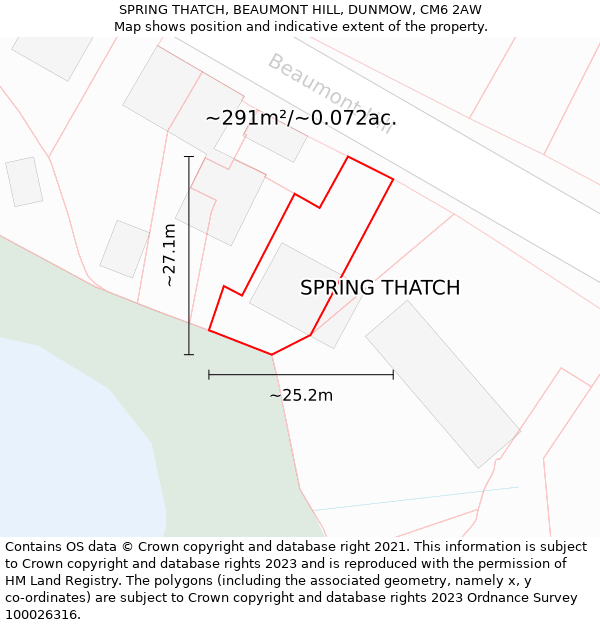 SPRING THATCH, BEAUMONT HILL, DUNMOW, CM6 2AW: Plot and title map