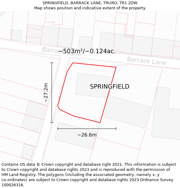 SPRINGFIELD, BARRACK LANE, TRURO, TR1 2DW: Plot and title map