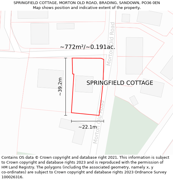 SPRINGFIELD COTTAGE, MORTON OLD ROAD, BRADING, SANDOWN, PO36 0EN: Plot and title map