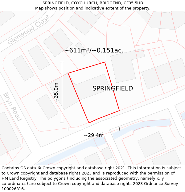 SPRINGFIELD, COYCHURCH, BRIDGEND, CF35 5HB: Plot and title map