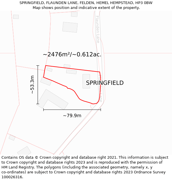 SPRINGFIELD, FLAUNDEN LANE, FELDEN, HEMEL HEMPSTEAD, HP3 0BW: Plot and title map