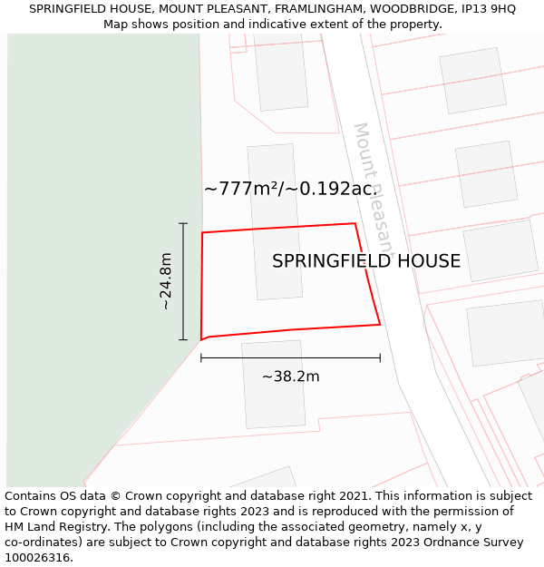 SPRINGFIELD HOUSE, MOUNT PLEASANT, FRAMLINGHAM, WOODBRIDGE, IP13 9HQ: Plot and title map