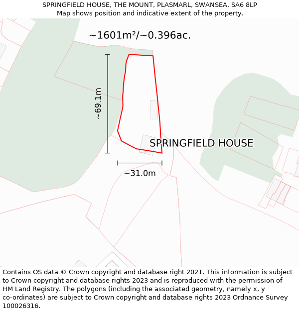 SPRINGFIELD HOUSE, THE MOUNT, PLASMARL, SWANSEA, SA6 8LP: Plot and title map