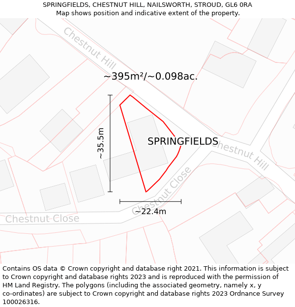 SPRINGFIELDS, CHESTNUT HILL, NAILSWORTH, STROUD, GL6 0RA: Plot and title map