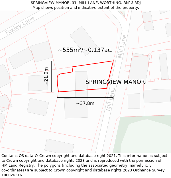 SPRINGVIEW MANOR, 31, MILL LANE, WORTHING, BN13 3DJ: Plot and title map