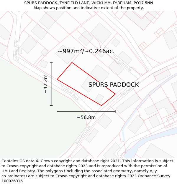 SPURS PADDOCK, TANFIELD LANE, WICKHAM, FAREHAM, PO17 5NN: Plot and title map