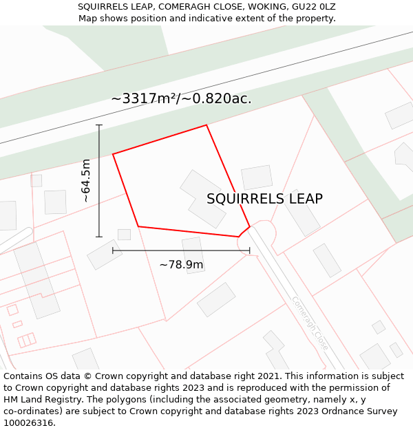 SQUIRRELS LEAP, COMERAGH CLOSE, WOKING, GU22 0LZ: Plot and title map