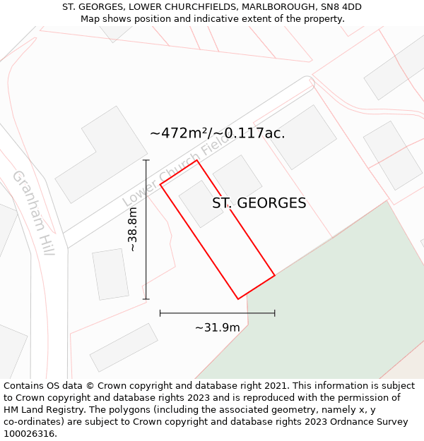 ST. GEORGES, LOWER CHURCHFIELDS, MARLBOROUGH, SN8 4DD: Plot and title map