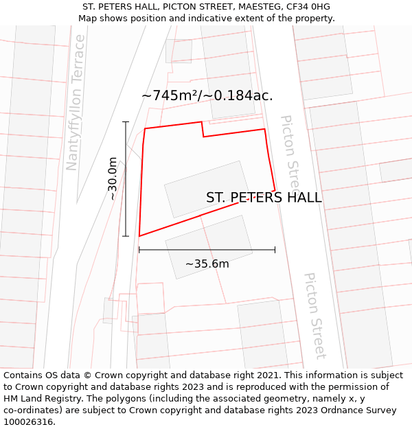 ST. PETERS HALL, PICTON STREET, MAESTEG, CF34 0HG: Plot and title map