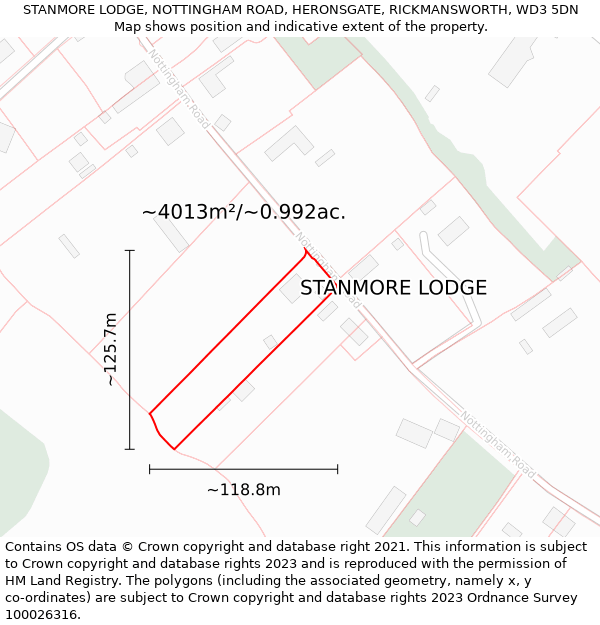 STANMORE LODGE, NOTTINGHAM ROAD, HERONSGATE, RICKMANSWORTH, WD3 5DN: Plot and title map