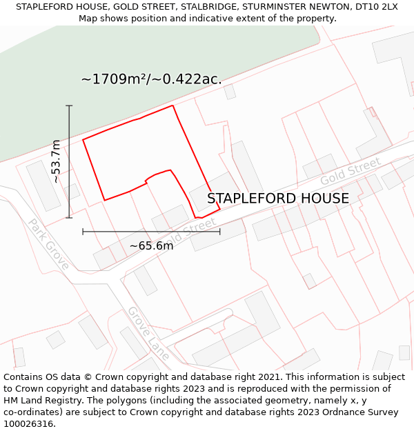 STAPLEFORD HOUSE, GOLD STREET, STALBRIDGE, STURMINSTER NEWTON, DT10 2LX: Plot and title map