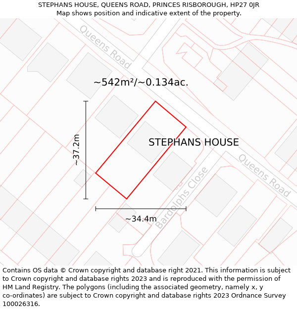 STEPHANS HOUSE, QUEENS ROAD, PRINCES RISBOROUGH, HP27 0JR: Plot and title map