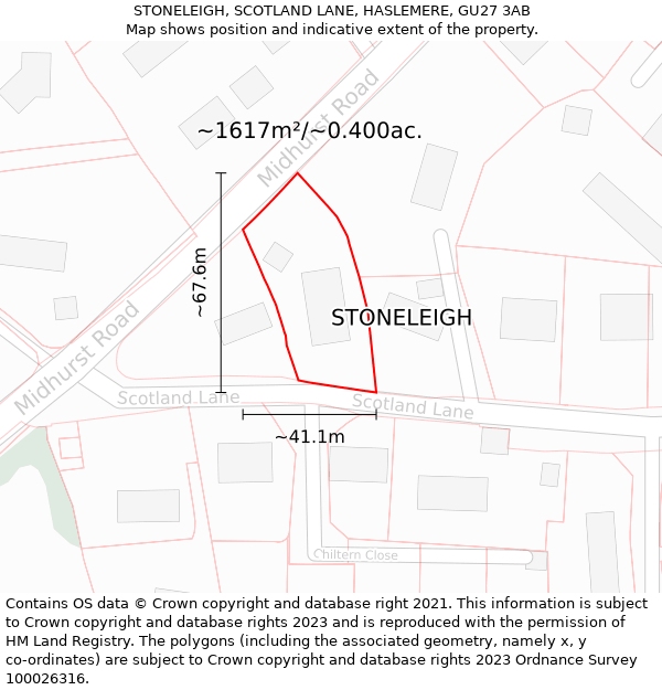 STONELEIGH, SCOTLAND LANE, HASLEMERE, GU27 3AB: Plot and title map