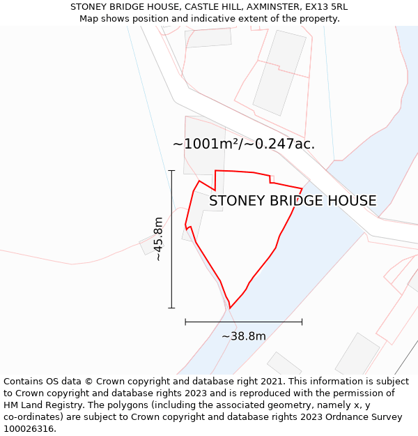 STONEY BRIDGE HOUSE, CASTLE HILL, AXMINSTER, EX13 5RL: Plot and title map