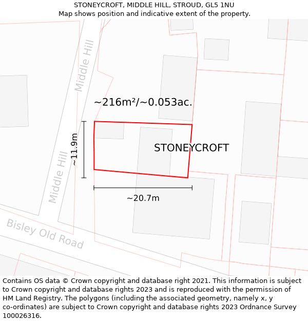 STONEYCROFT, MIDDLE HILL, STROUD, GL5 1NU: Plot and title map