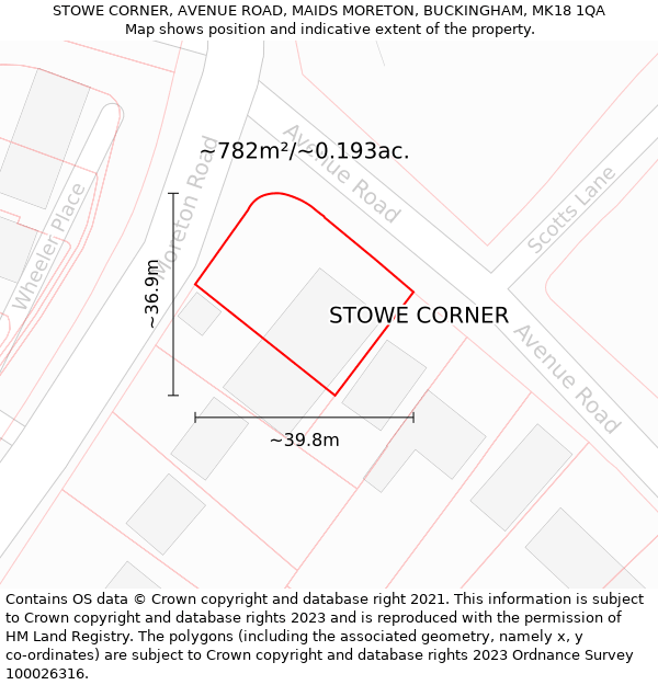 STOWE CORNER, AVENUE ROAD, MAIDS MORETON, BUCKINGHAM, MK18 1QA: Plot and title map