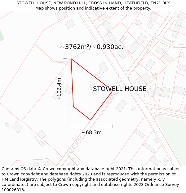 STOWELL HOUSE, NEW POND HILL, CROSS IN HAND, HEATHFIELD, TN21 0LX: Plot and title map