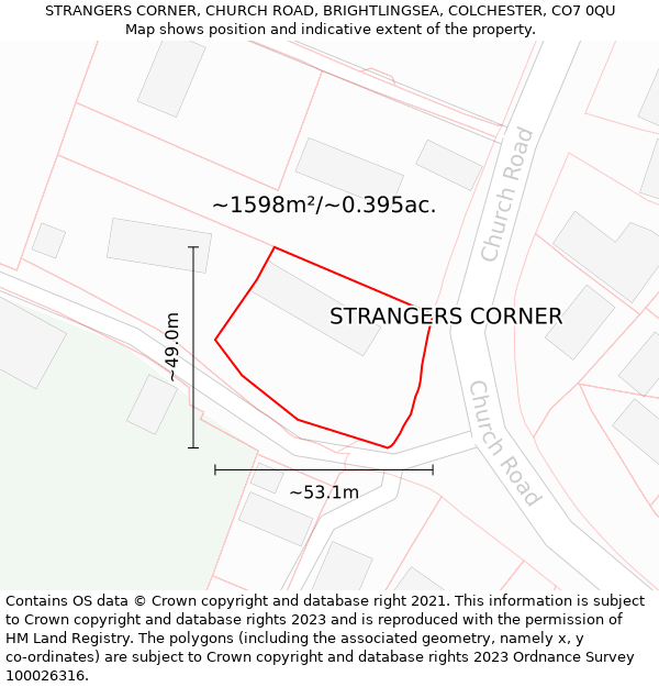 STRANGERS CORNER, CHURCH ROAD, BRIGHTLINGSEA, COLCHESTER, CO7 0QU: Plot and title map