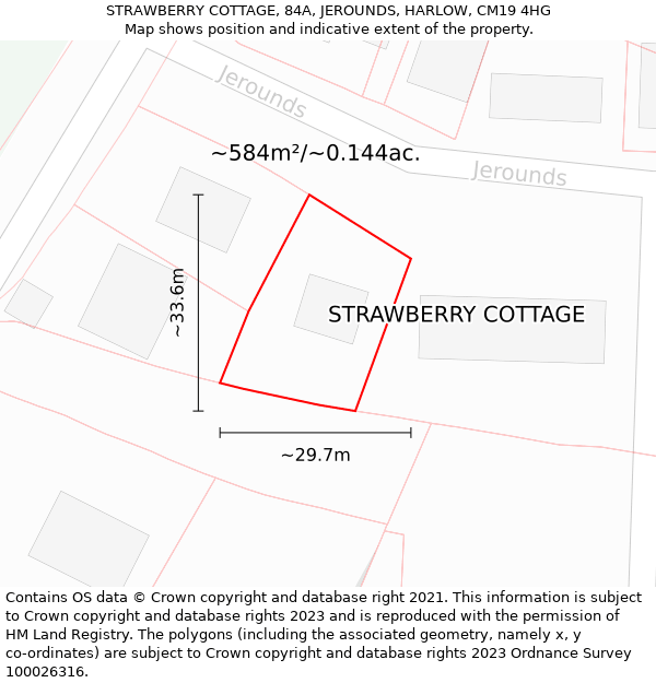 STRAWBERRY COTTAGE, 84A, JEROUNDS, HARLOW, CM19 4HG: Plot and title map