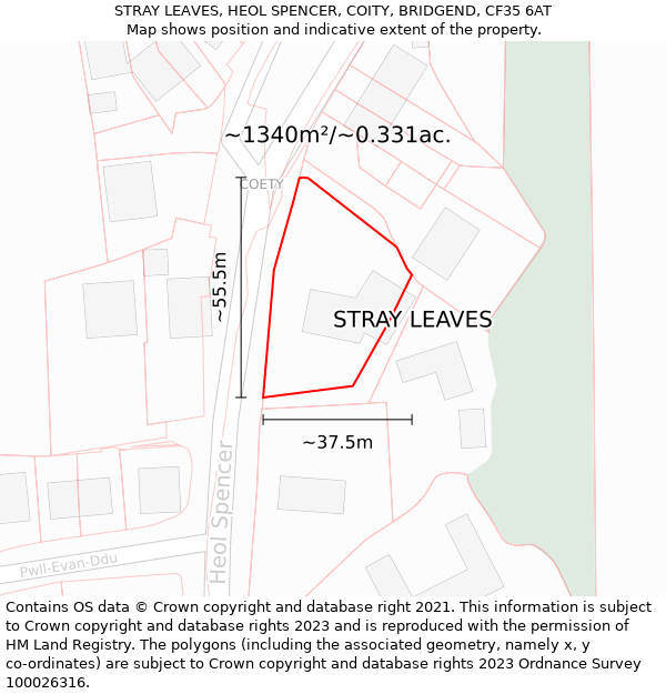 STRAY LEAVES, HEOL SPENCER, COITY, BRIDGEND, CF35 6AT: Plot and title map