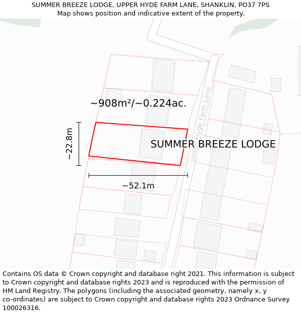 SUMMER BREEZE LODGE, UPPER HYDE FARM LANE, SHANKLIN, PO37 7PS: Plot and title map