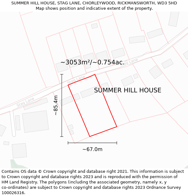 SUMMER HILL HOUSE, STAG LANE, CHORLEYWOOD, RICKMANSWORTH, WD3 5HD: Plot and title map