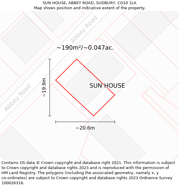 SUN HOUSE, ABBEY ROAD, SUDBURY, CO10 1LA: Plot and title map