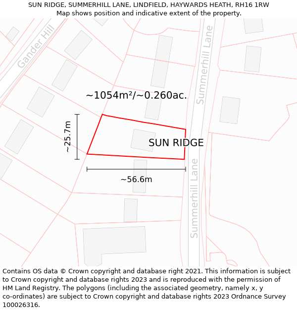 SUN RIDGE, SUMMERHILL LANE, LINDFIELD, HAYWARDS HEATH, RH16 1RW: Plot and title map